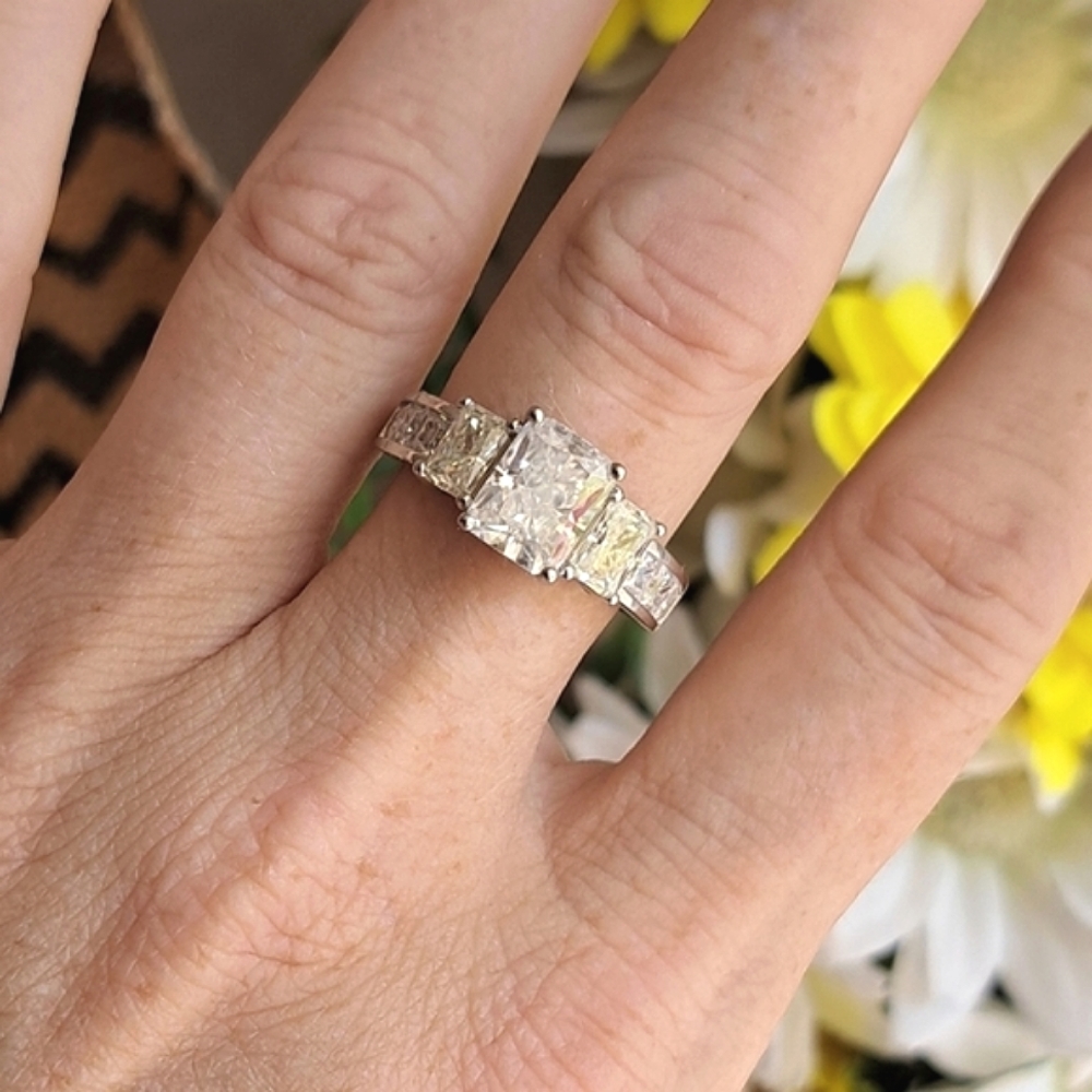 Genuine Crushed Ice Radiant Cut Moissanite Trilogy Style Ring.